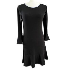 EUC Michael Kors Black Knee Length Dress with Bell Sleeves White piping accent
